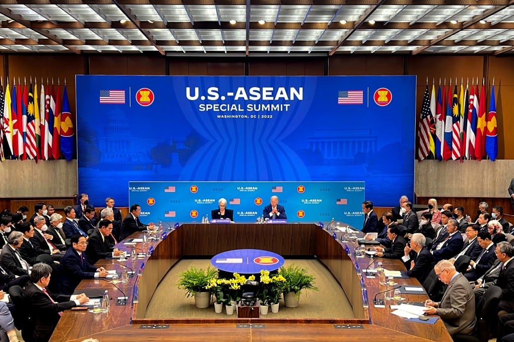 US President Joe Biden, centre-right, and Deputy Secretary of State Wendy Sherman, centre-left, at this weekend’s summit with Asean leaders in Washington. Photo: Bernama/dpa