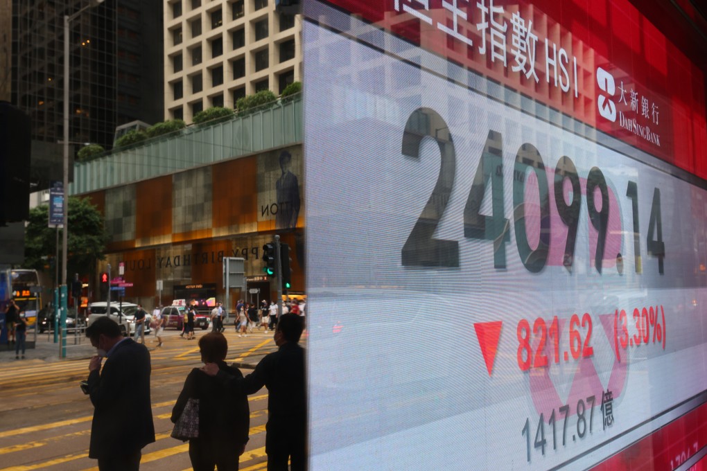 Hang Seng Index displayed outside Dah Sing Bank in Central on 20 April 2021. Photo: Dickson Lee
