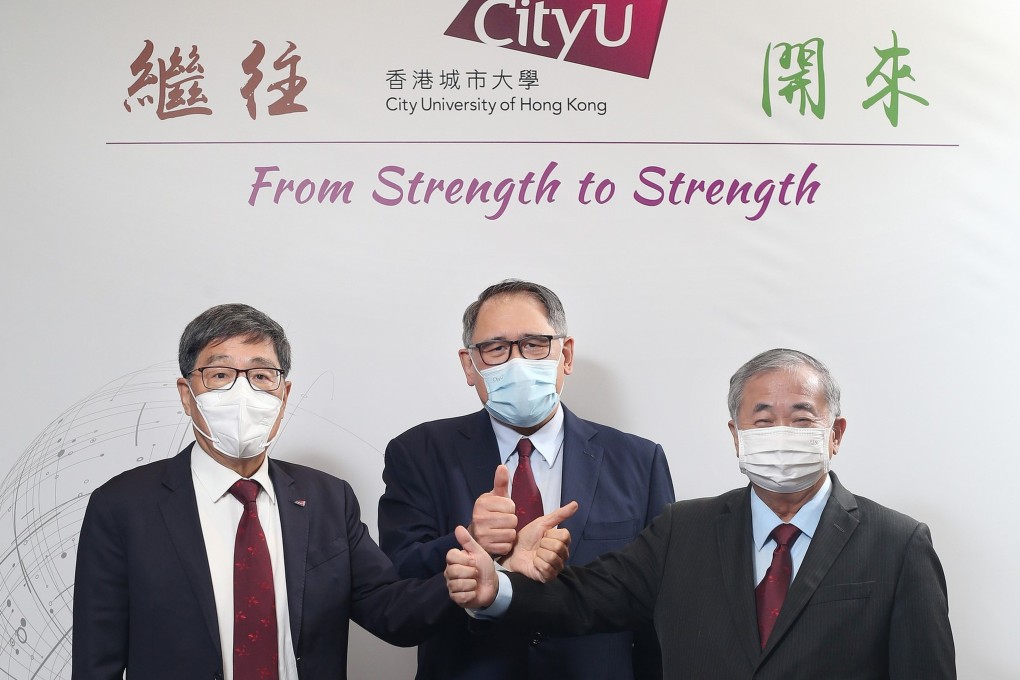 From left: CityU president Professor Way Kuo, council chairman Lester Huang and incoming president Professor Freddy Boey. Photo: SCMP