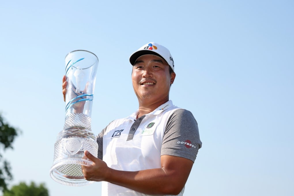 K.H. Lee poses with the trophy after winning the AT&T Byron Nelson in Texas. Photo: Getty Images