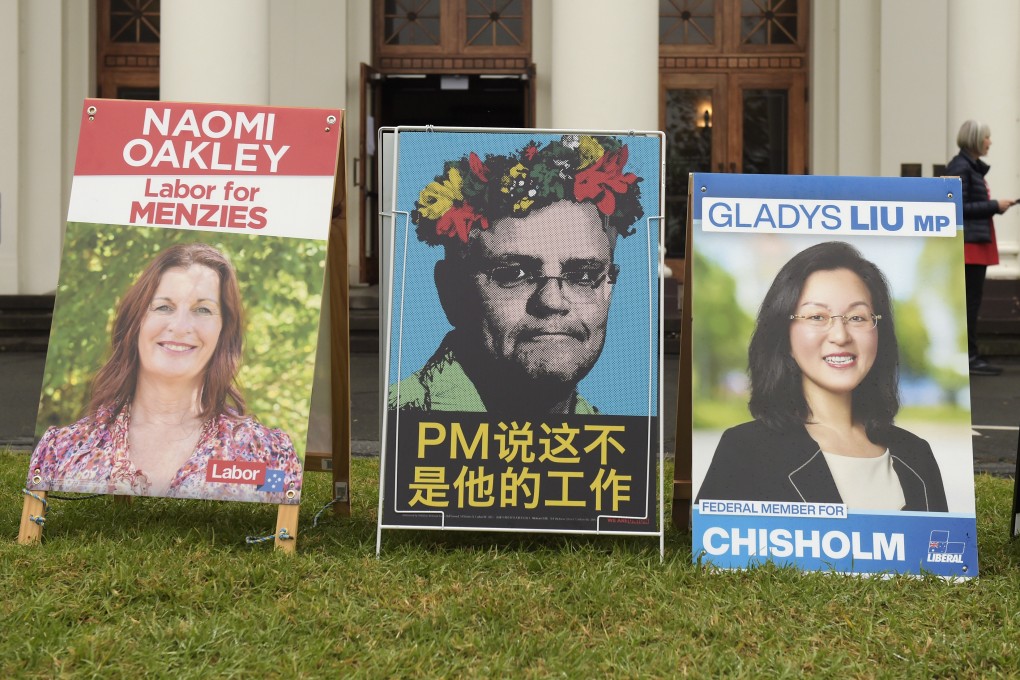 Campaign posters displayed outside an early polling station in the Box Hill suburb of Melbourne, Victoria, Australia. Prime Minister Scott Morrison has been one of the world’s most outspoken leaders in pushing back against China, and many Australian voters share his concerns. Photo: Bloomberg