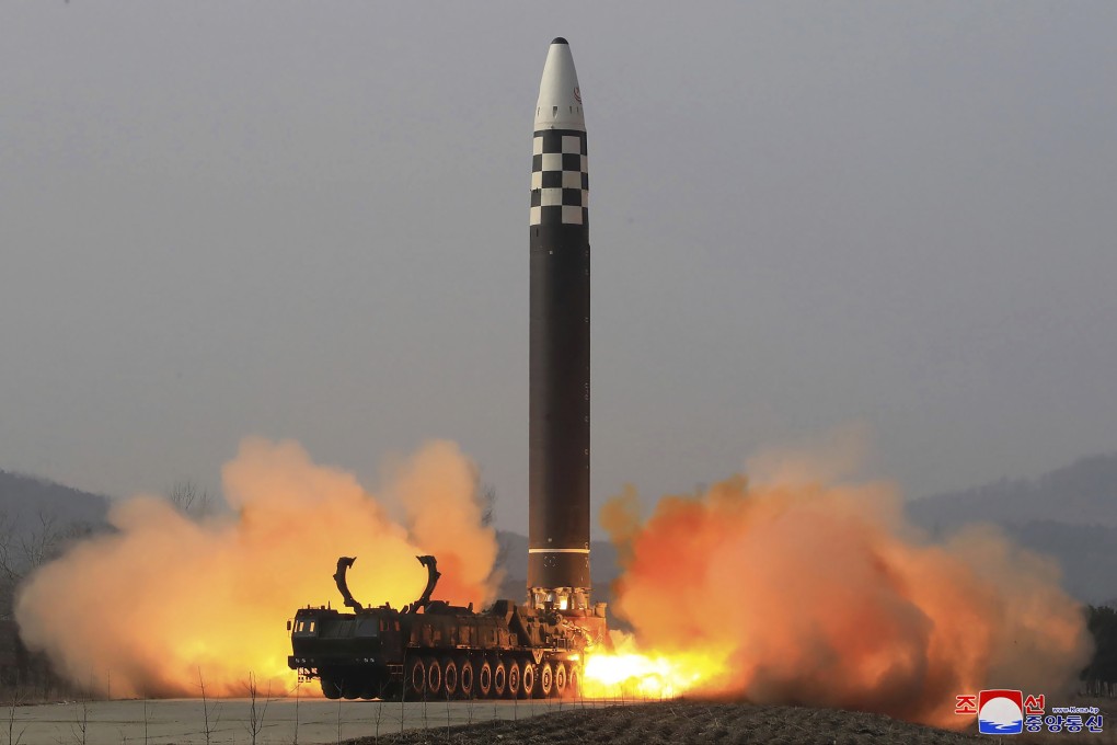 A North Korean Hwasong-17 intercontinental ballistic missile (ICBM), at an undisclosed location in March, 2022. Photo: AP