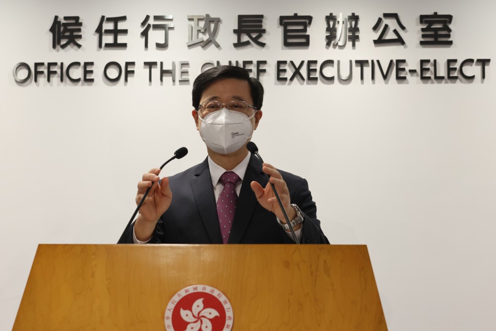 Hong Kong Chief Executive-elect John Lee Ka-chiu meets the media at the Press Room of the Office of the Chief Executive-elect in Wan Chai. Photo: Nora Tam