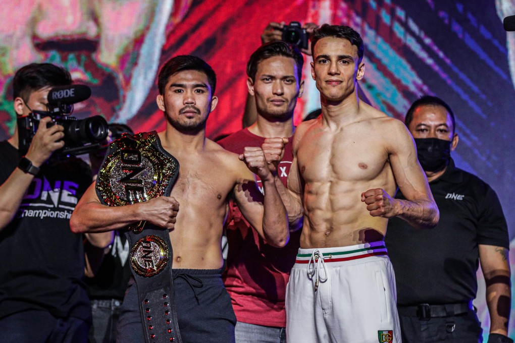 Champion Prajanchai (left) and challenger Joseph Lasiri pose ahead of their ONE Championship strawweight Muay Thai title fight.