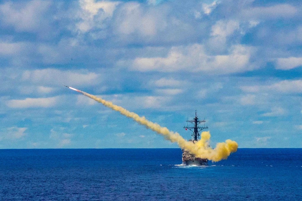 The US Navy Arleigh-Burke-class guided missile destroyer USS Curtis Wilbur launches a Harpoon surface-to-surface missile during an exercise in May 2019. Photo: US Navy via Reuters