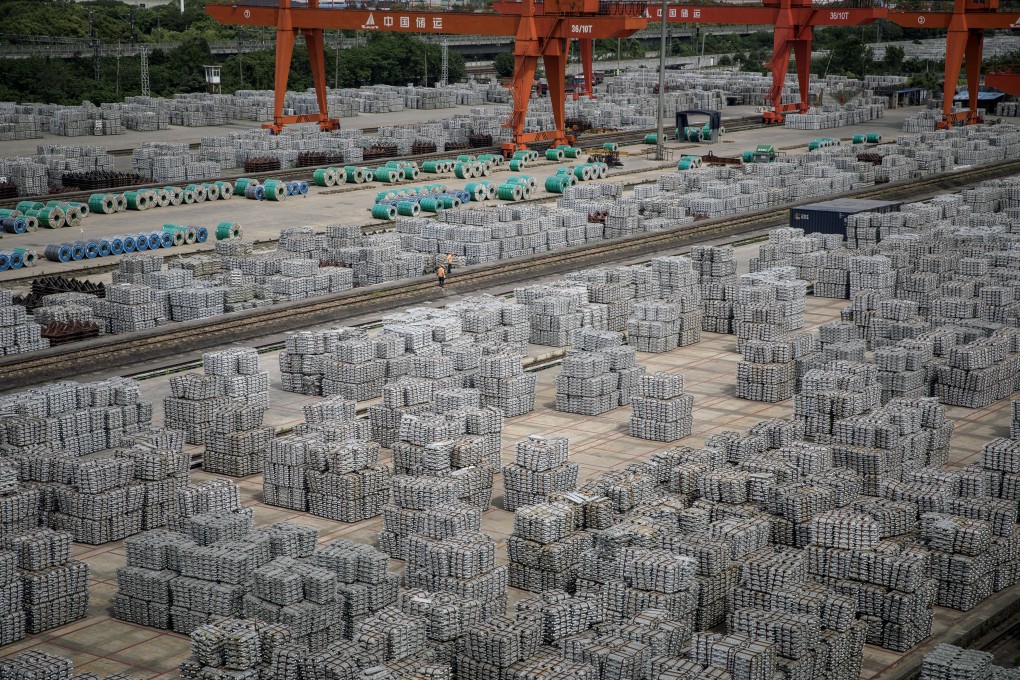 Bundles of aluminum ingots stacked in Wuxi, China, in May 2019. Photo: Bloomberg