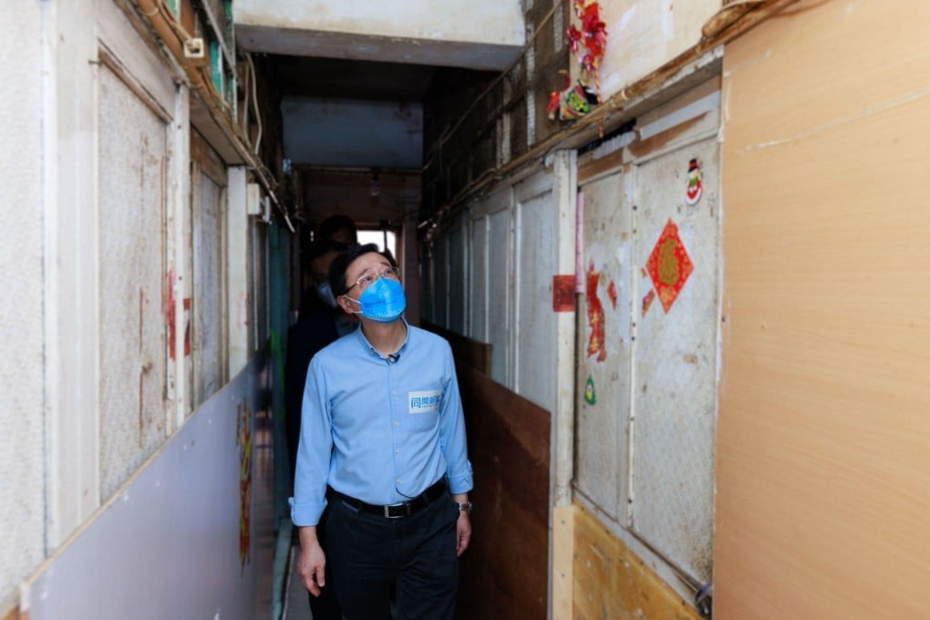 Incoming chief executive John Lee Ka-chiu visits Yau Mei Tai residents on April 24. Photo: Handout