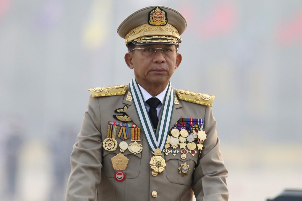 Myanmar’s Commander-in-Chief Senior General Min Aung Hlaing presides over an army parade on Armed Forces Day in Naypyitaw in March 2021. Photo: AP