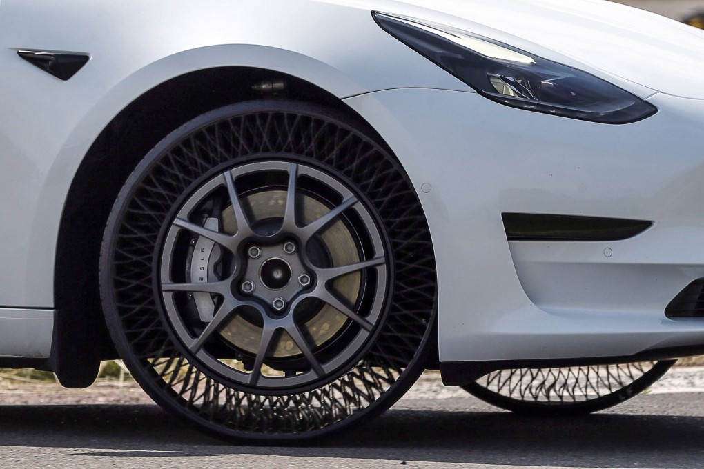 Non-pneumatic, or airless, tyres are seen on a Tesla at a presentation by Goodyear in Colmar-Berg, Luxembourg. Photo: AFP