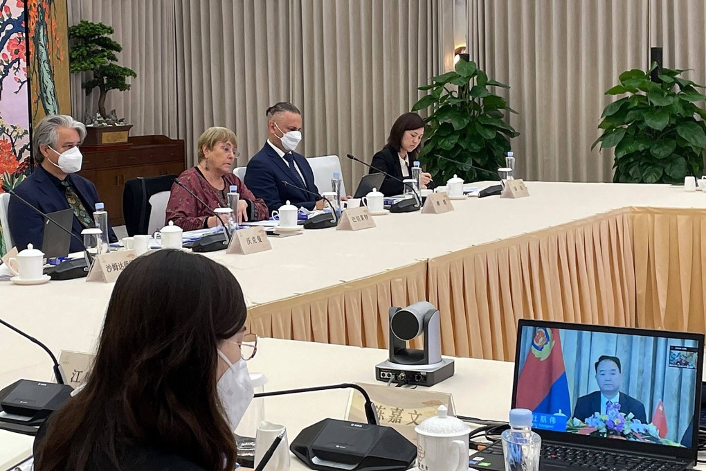 UN human rights chief Michelle Bachelet (second from left) attends a virtual meeting with Vice Minister Du Hangwei of China’s Ministry of Public Security in Guangzhou, as Bachelet begins a long-awaited and controversial trip to Xinjiang. Photo: AFP