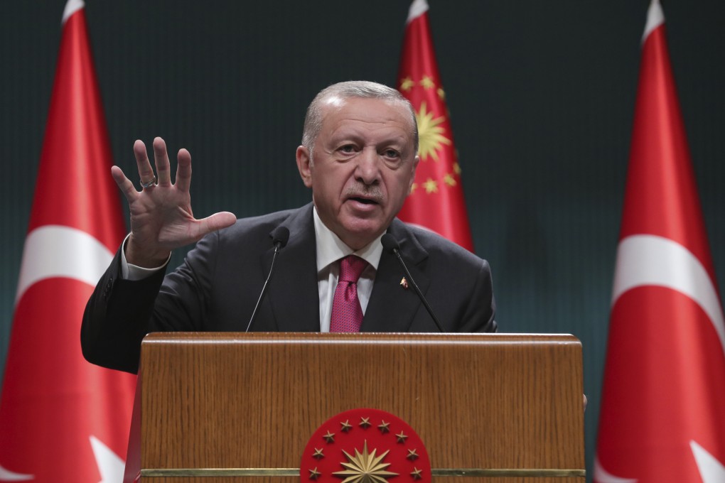 Turkish President Recep Tayyip Erdogan speaks following a cabinet meeting, in Ankara, Turkey on Monday. Photo: Turkish presidency via AP