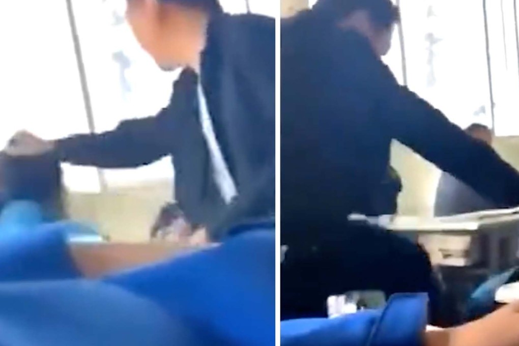 A teacher in China is caught on video violently beating a student who dozed off in class. Photo: SCMP Artwork