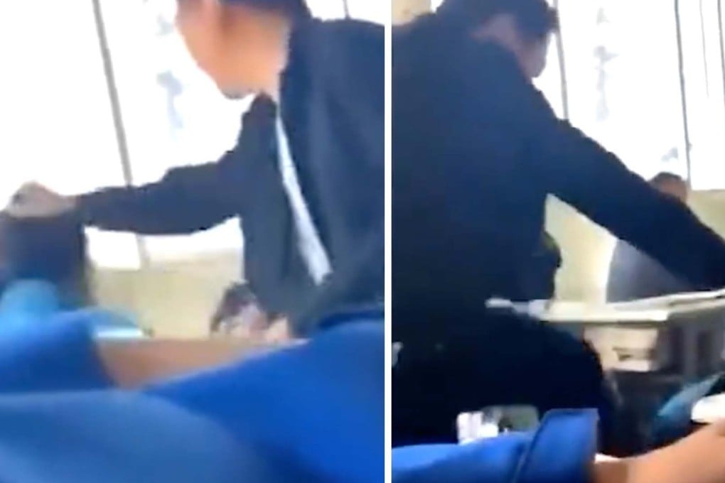 A teacher in China is caught on video violently beating a student who dozed off in class. Photo: SCMP Artwork