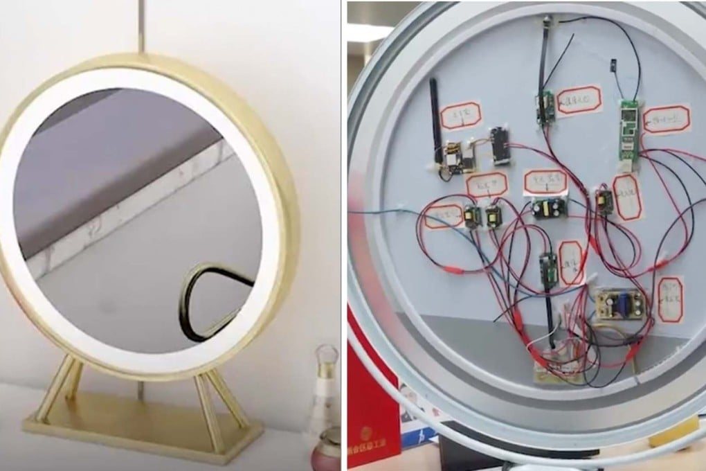 Chinese man detained after a vanity desk mirror he gave to a live-streamer was found to contain a hidden webcam. Photo: SCMP Artwork