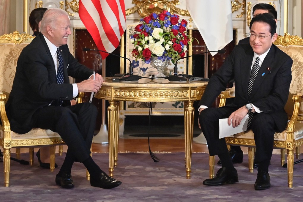 US President Joe Biden (left) and Japanese Prime Minister Fumio Kishida at the Akasaka Palace in Tokyo on Monday. Photo: Anadolu Agency/Bloomberg