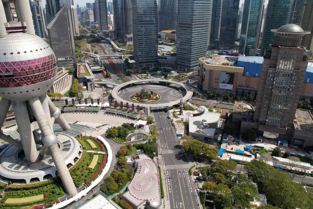 The Lujiazui financial district of Shanghai’s Pudong area, where almost every major bank’s treasury operations are located, stood almost deserted amid a rolling lockdown on 29 March 2022. Photo: Thomas Yau