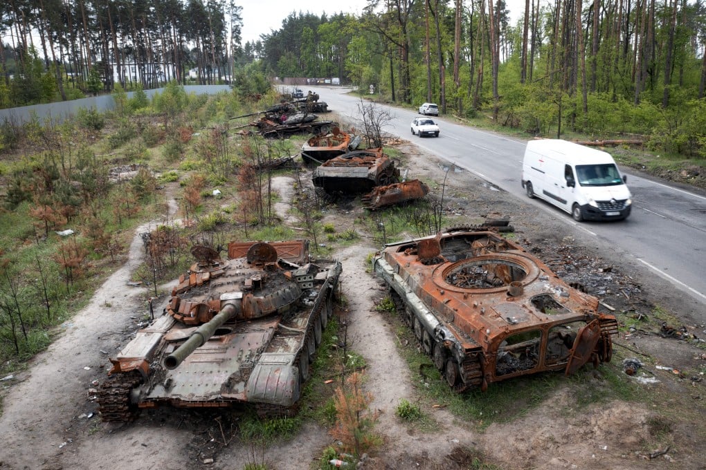 Russian tanks destroyed in a battle against Ukrainians in the village of Dmytrivka, close to Kyiv. Photo: AP