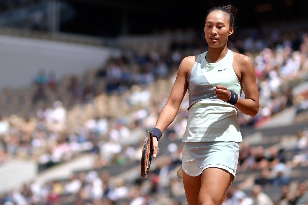 Zheng Qinwen reacts after beating Alize Cornet on day seven of the French Open. Photo: AFP