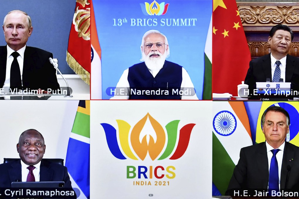 A BRICS summit meeting held by videoconference on September 9, 2021. The five countries represent nearly half of the world’s population. Photo: Press Information Bureau via AP