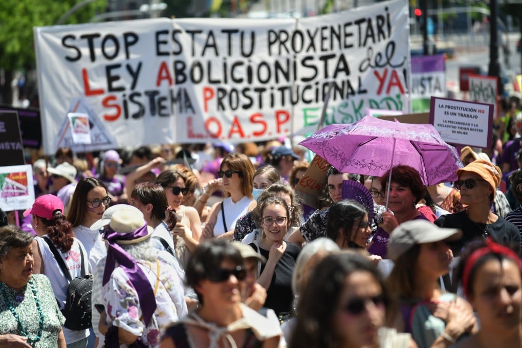 Protesters take part in a demonstration calling for a ban on prostitution in Madrid, Spain on Saturday. Photo: Europa Press / DPA