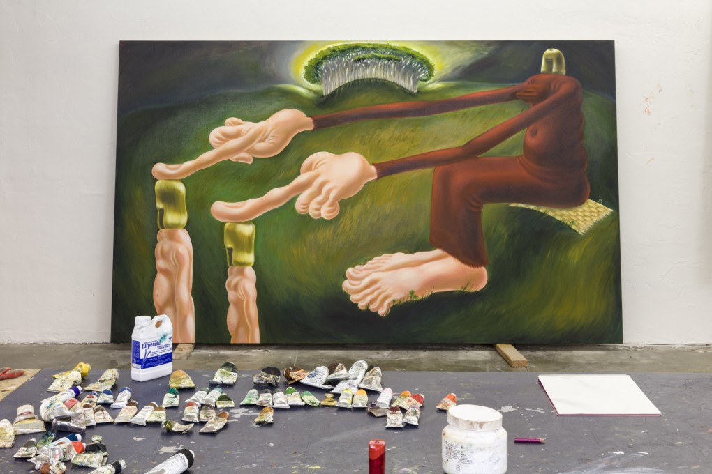 Detail from Swiss-born, Los Angeles-based artist Louise Bonnet’s Dusk (2020), oil on linen, 72 x 120 inches (183 x 305cm). Photo: Jeff McLane/ Gagosian