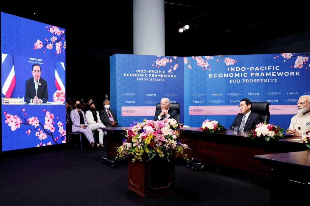 US President Joe Biden, Japanese Prime Minister Fumio Kishida and Indian Prime Minister Narendra Modi listen to other leaders during the Indo-Pacific Economic Framework for Prosperity launch event at the Izumi Garden Gallery in Tokyo on May 23. Photo: Reuters
