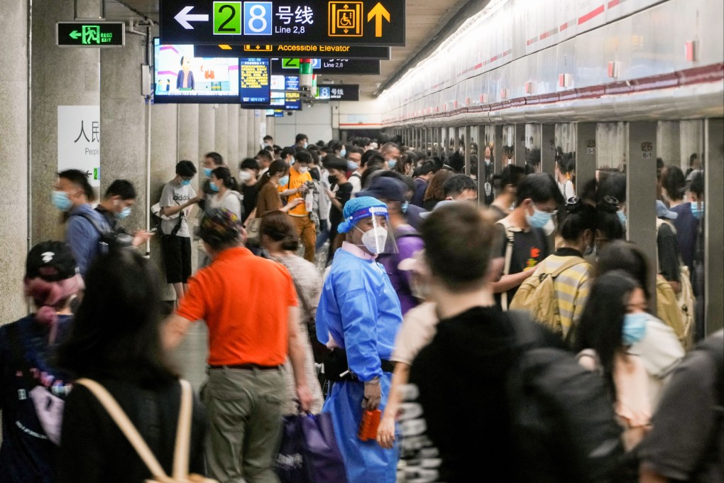 A crowded platform at the People’s Park station of Shanghai’s subway network after the city’s two-month long lockdowns ended on June 1, 2022. Photo: Reuters