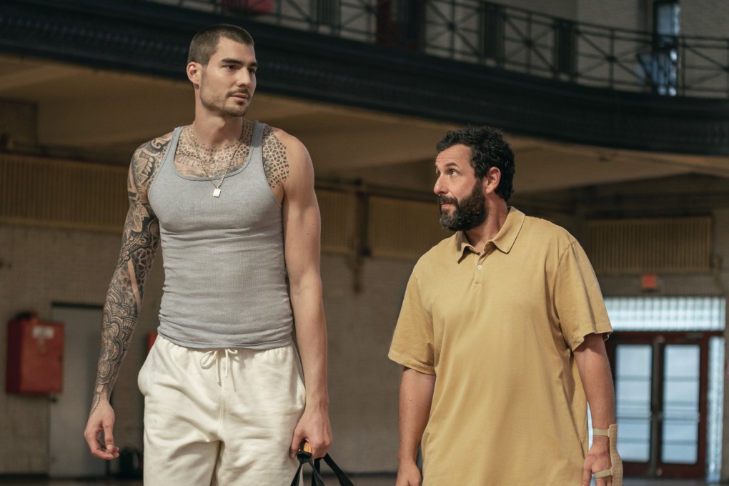 Juancho Hernangomez (left) and Adam Sandler in a still from Hustle, directed by Jeremiah Zagar. Photo: Cassy Athena/Netflix
