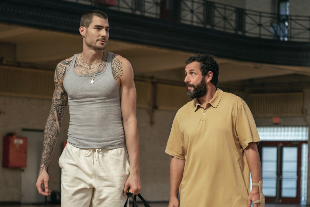 Juancho Hernangomez (left) and Adam Sandler in a still from Hustle, directed by Jeremiah Zagar. Photo: Cassy Athena/Netflix