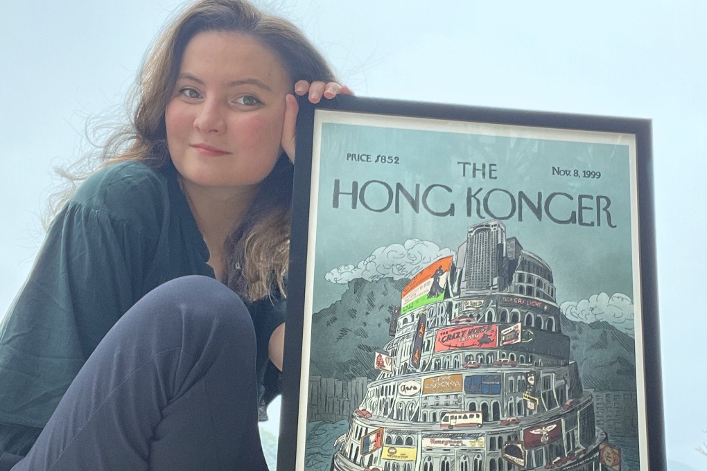 Sophia Hotung with her artwork “Colonia Babylonia” - Hong Kong’s own Tower of Babel, which advertises popular colonial-era bars, restaurants and clubs, based on the October 2, 1995 New Yorker magazine cover by Edward Sorel. Photo: Courtesy of Sophia Hotung