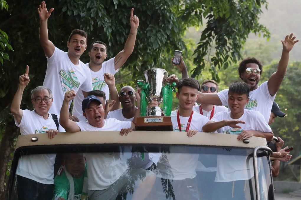 Wofoo Tai Po officials and players celebrate on an open top bus when they lifted the 2019 BOC Life Hong Kong Premier League title. Photo: K. Y. Cheng