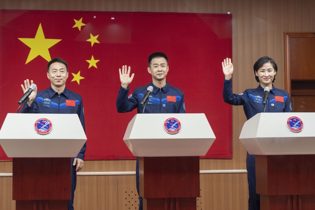 (L-R) Cai Xuzhe, Chen Dong and Liu Yang will help finish the core structure of China’s Tiangong space station Photo: AP