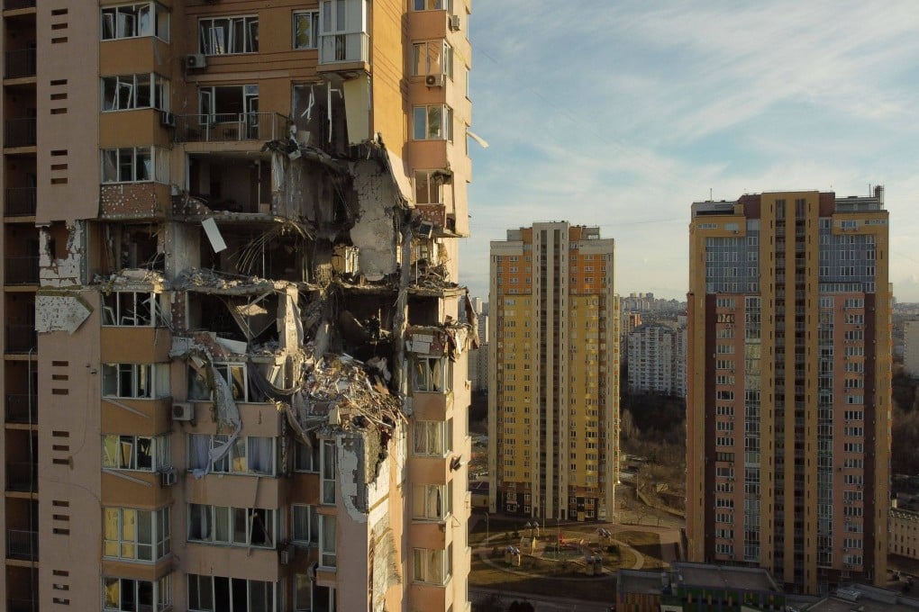 A residential building damaged by fighting is seen in Kyiv earlier this year. Russia’s much-touted electronic warfare prowess was barely seen in the war’s early stages. Photo: AFP