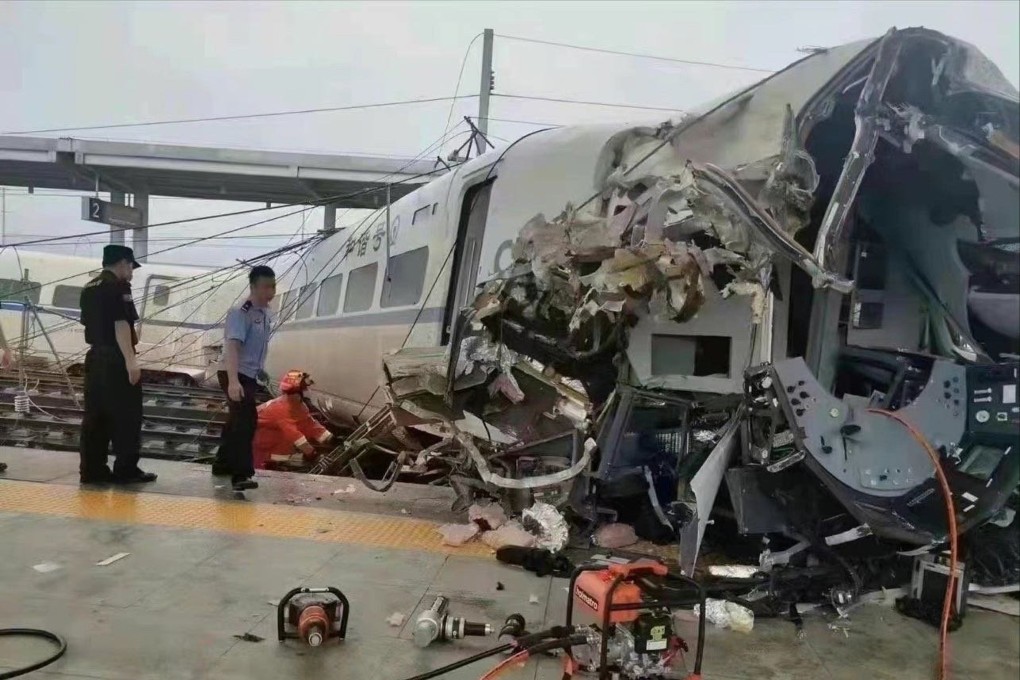 The driver’s carriage left the tracks at Rongjiang railway station in the southwestern province of Guizhou on Saturday morning. Photo: Weibo