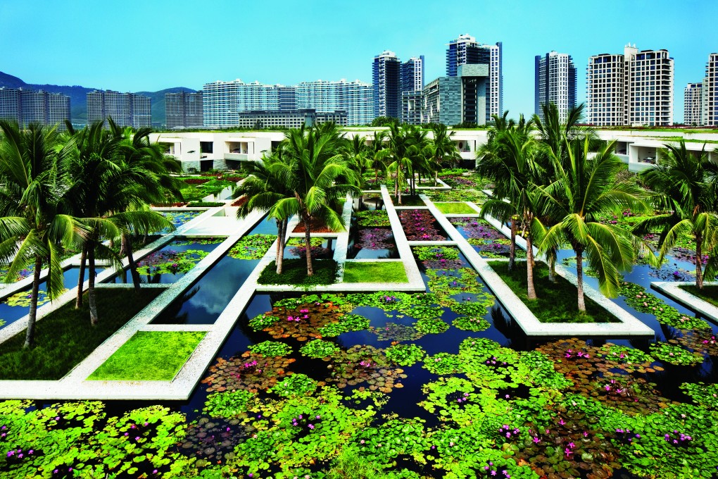 The WOHA-designed Sanya InterContinental Resort, Hainan Island, China. The guest rooms look into the large water gardens that lie between the three prongs of the low-rise block. Photo: Patrick Bingham-Hall