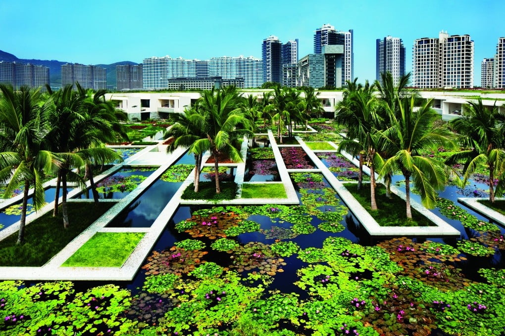The WOHA-designed Sanya InterContinental Resort, Hainan Island, China. The guest rooms look into the large water gardens that lie between the three prongs of the low-rise block. Photo: Patrick Bingham-Hall