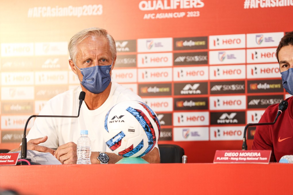 Head coach Jorn Andersen faces a handful of problems ahead of his first major assignment in the 2023 Asian Cup qualifiers in Kolkata, India. Andersen in the pre-match presser against Afghanistan . Photo: HKFA
