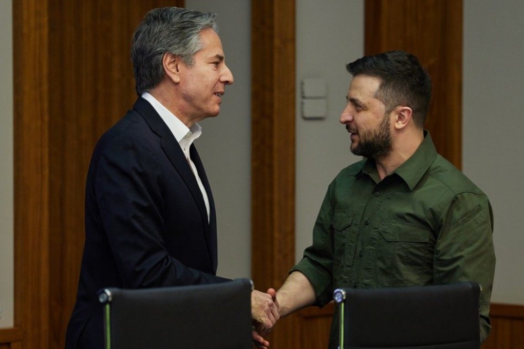 US Secretary of State Antony Blinken and Ukrainian President Volodymyr Zelensky meeting in Kyiv in April. File photo: Ukrainian Presidency