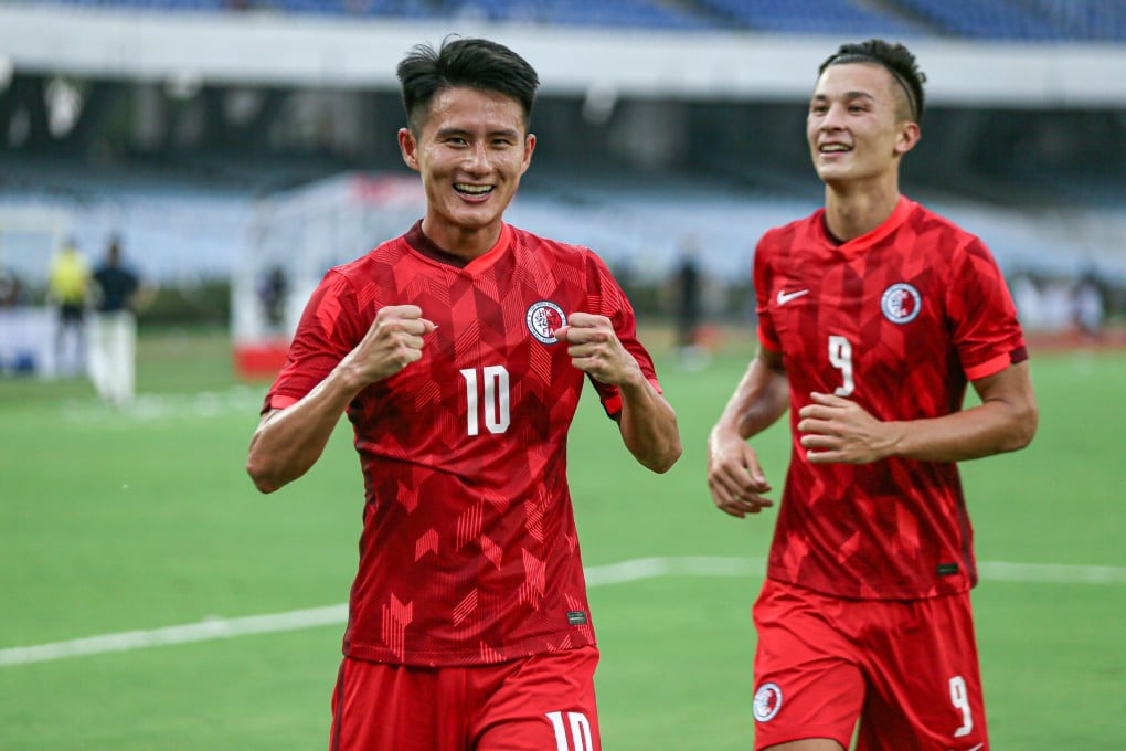 Wong Wei (left) celebrates after putting Hong Kong ahead in the first half. Matthew Orr (right) bagged a second minutes later in their side’s 2-1 win over Afghanistan at the Vivekananda Yuba Bharati Krirangan Stadium in Kolkata. Photo: HKFA