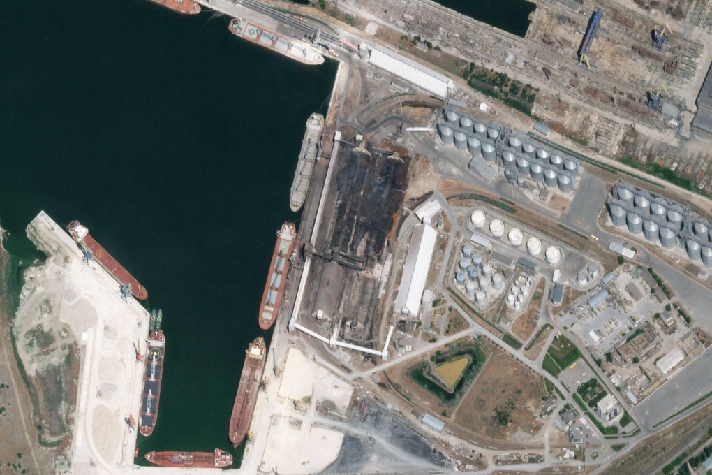 This satellite photo taken on June 7 shows the aftermath of reported Russian shelling of the Nika-Tera grain storage terminal in the port of Mykolayiv. Photo: Photo Planet Labs PBC