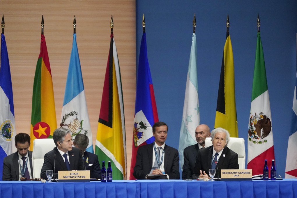 US Secretary of State Antony Blinken listens to OAS Secretary General Luis Almagro (right) during a ministerial meeting at the Summit of the Americas in Los Angeles on Wednesday. Photo: AP