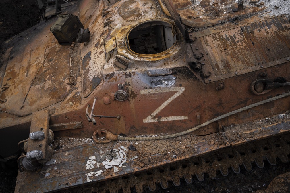 The letter Z, which has become the Russian emblem for the war, on a destroyed Russian APC near Kutuzivka, east Ukraine. Photo: AP
