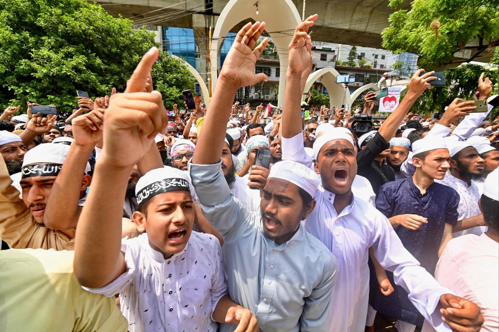 Bangladesh’s Islamist activists and shout anti-India slogans during a demonstration in Dhaka. Photo AFP