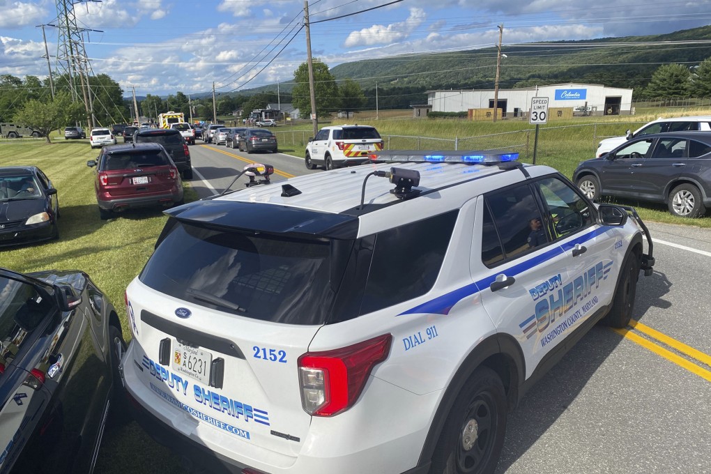 Law enforcement vehicles are seen near the scene of a shooting at Columbia Machine Inc. in Smithsburg, Maryland, on Thursday. Photo: AP