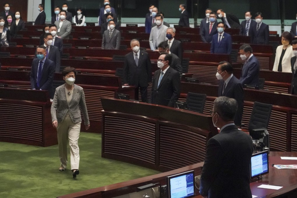 Chief Executive Carrie Lam Cheng Yuet-ngor, whose five-year term will end on June 30, attends her final question and answer session in the Legislative Council at Tamar on June 9. Photo: Felix Wong