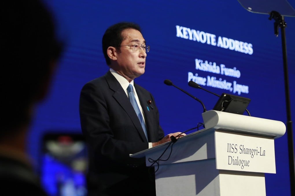 Japan’s Prime Minister Fumio Kishida delivers his keynote address during the International Institute for Strategic Studies (IISS) Shangri-la Dialogue in Singapore. Photo EPA-EFE/How Hwee Young