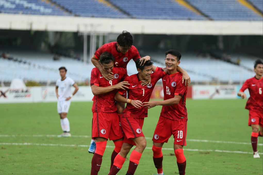 Sun Ming-him (No 7, centre) celebrates with Matthew Orr, Sean Tse Ka-keung and Wong Wai after scoring Hong Kong’s second goal against Cambodia. Photo: HKFA