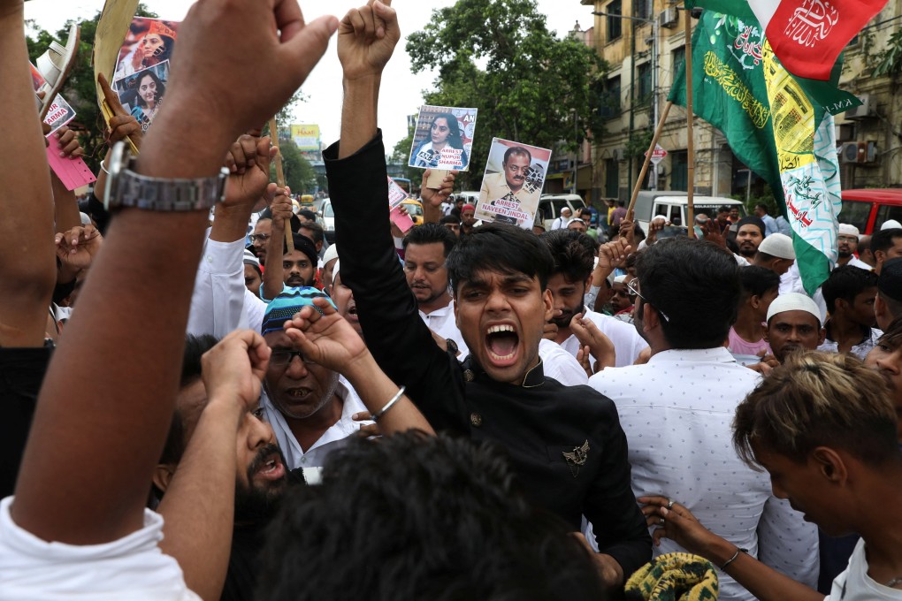 Muslims in Kolkata shout slogans during a protest demanding the arrest of BJP member Nupur Sharma. Photo: Reuters