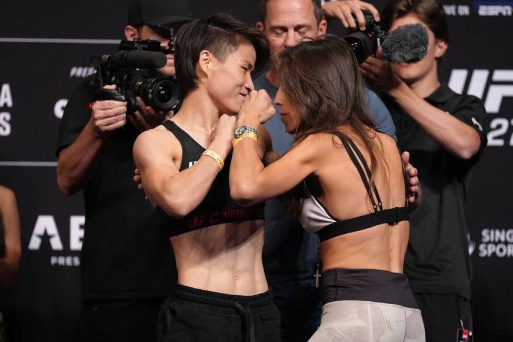Zhang Weili (left) and Joanna Jedrzejczyk square off at the UFC 275 weigh-ins. Photo: Zuffa LLC