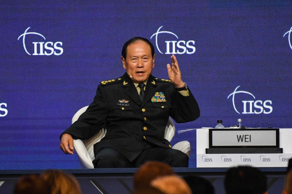 Chinese Defence Minister General Wei Fenghe speaks at the Shangri-La Dialogue in Singapore on Sunday. Photo: AFP